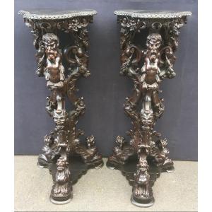 Pair Of Carved Candlestick Holders After Andrea Brustolon. Italy, Mid-19th Century.
