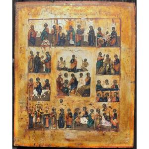 Orthodox Icon On Wood. Scenes From The Life Of Jesus. Russia, Late 19th-early 20th Century. 