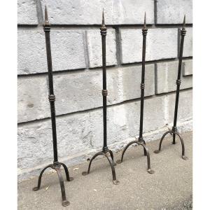 Set Of Four Gothic Period Wrought Iron Candlesticks. France, 15th Century.