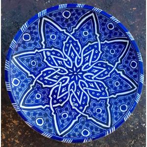 Polychrome Blue And White Earthenware Couscous Dish. Meknes, Morocco, Late 19th Century.