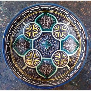 Polychrome Blue, Green And White Earthenware Couscous Dish. Safi, Morocco, Late 19th Century.