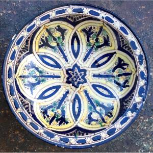 Polychrome Blue, Green And White Earthenware Couscous Dish. Safi, Morocco, Late 19th Century.