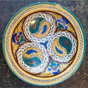 Polychrome Earthenware Couscous Dish In Yellow, Blue, Green, Brown, And White. Safi, Morocco, Late 19th Century.