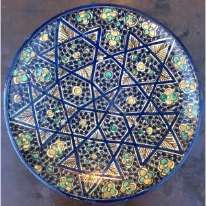 Polychrome Earthenware Couscous Dish In Yellow, Blue, Green, Brown, And White. Safi, Morocco, Late 19th Century.