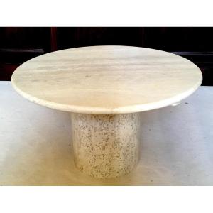Vintage Round Travertine Coffee Table. France, 1970s.