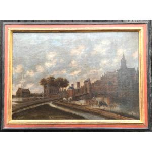 Oil On Canvas, Landscape. View Of A Lively Town Entrance. Netherlands, Holland, 17th Century.