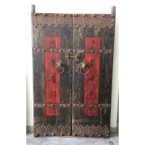 Large Pair Of Heavy, Painted Hardwood Temple Entrance Doors. China, 18th Century. 