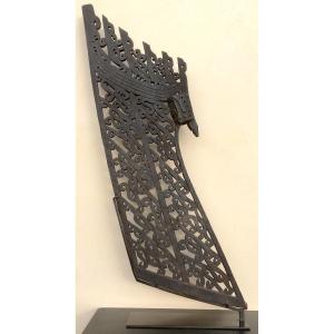 Korwar Outrigger Canoe Prow With Carved Wooden Decoration Of Interlacing Patterns And Head. Irian Jaya, Indonesia, Png.