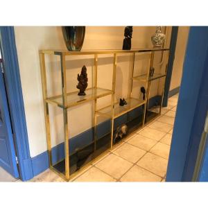 Large Shelf In Gold Chrome-plated Brass And Glass. 1970s Design In The Style Of Willy Rizzo. 