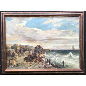 Large Oil On Canvas. Stagecoach Accident Scene By B. Finot. France, 19th Century.