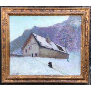 Oil On Panel, "snowy Landscape In Auvergne", Signed Bouthéon. Murol School, Early 20th Century. 