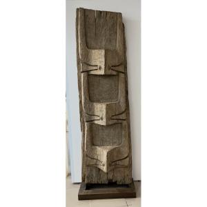 Common House Panel In Heavy Wood. Buffalo Head Decoration. Nagaland, Northeast India.  