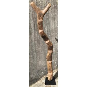 Millet Granary Ladder In Hardwood, Erosion And Patina From Use. West Africa.