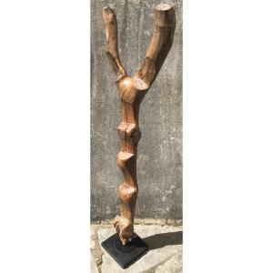 Millet Granary Ladder In Hardwood, Erosion And Patina From Use. West Africa.