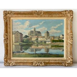 Oil On Canvas, View Of "moret Sur Loing". Montparnasse Frame. Mid 20th Century.
