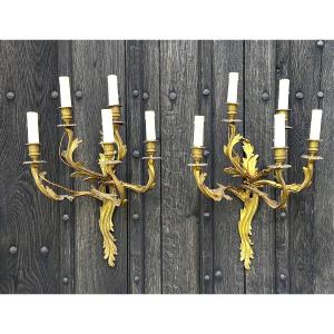 Pair Of Ormolu Rocaille Sconces In The Louis XV Style. France, Mid-20th Century.