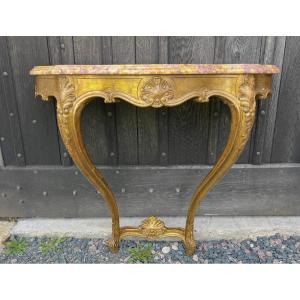 Louis XV Style Gilded Wood Console With Violet Brocatelle Marble Top. Mid 20th Century.