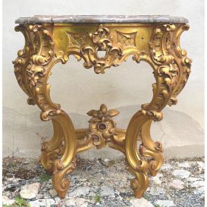 Louis XV Rocaille Style Giltwood Console With Red-brown Marble Top. Late 19th Century.
