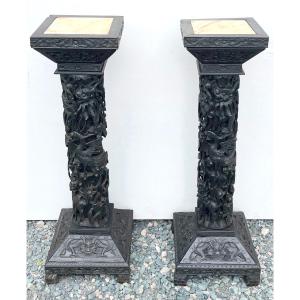 Pair Of Solid Carved Ebony And Marble Sheaths. Asia, Indochina (vietnam) 19th Century.