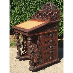 Davenport Desk, Hardwood And Leather Top. Burma (myanmar) 19th Century.
