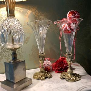Pair Of Gilded Bronze And Crystal Soliflores Horn Vases 20th Century