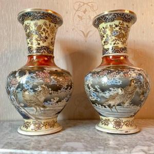 Pair Of Large Satsuma Earthenware Vases