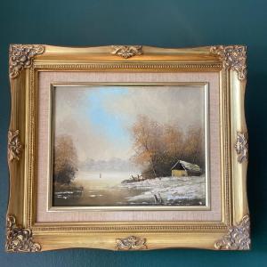 Oil On Canvas Painting “landscape Under The Snow