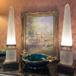 Pair Of Large Cut Crystal Obelisk Lamps (h.49,5 Cm)