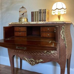 Small Louis XV Style Scriban In Marquetry And Gilt Bronze