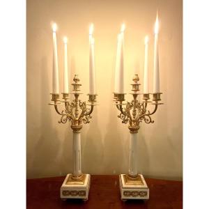 Pair Of White Marble And Gilded Bronze Candelabra - 19th Century