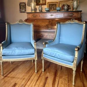 Pair Of Louis XVI Style Wingback Armchairs Circa 1900