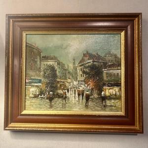 Painting “place Animée” Oil On Canvas, Signed Wilson, 20th Century