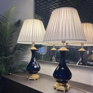 Pair Of Blue Porcelain Lamps, 19th Century