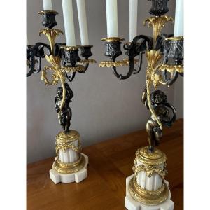Pair Of Bronze Candelabra With Putti - 19th Century