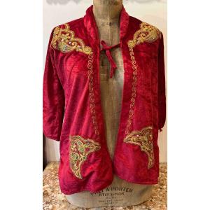 19th Century Italian Red Velvet Waistcoat Embroidered With Floral Decoration - N° 1214