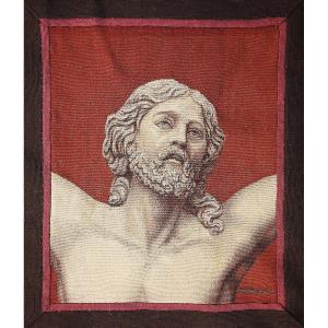 Aubusson “portrait Of Christ On The Cross”. Signed 19th Century Tapestry - 47lx57h Cm - No. 1559