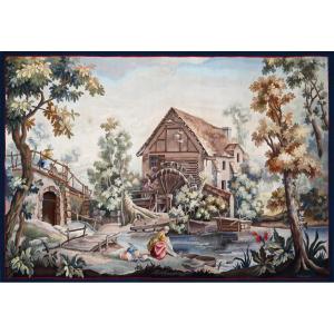 Tapestry Signed Aubusson - Washerwomen Near A Mill, After Alexandre Rene Veron - No. 1596