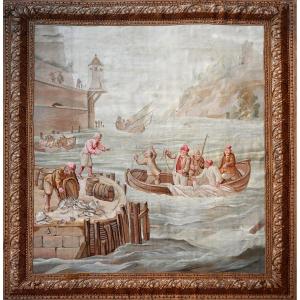 19th-century Beauvais Tapestry – “arrival Of The Fishermen” – 230x260cm - N°1406
