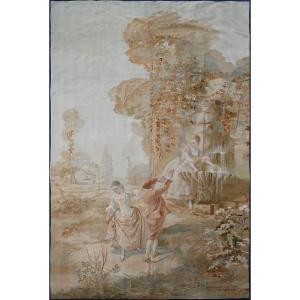 Felletin Aubusson Tapestry, Gallant Scene With Water Features At The Fountain, Bournaret 1890 - N 236