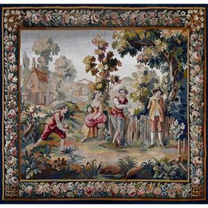 19th-century Aubusson Tapestry – Countryside Scene “game Of Pétanque” - N° 1332