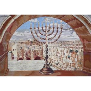 Aubusson Tapestry Circa 1960 - Holy Jerusalem - Menorah, Hanukkah - N° 1663