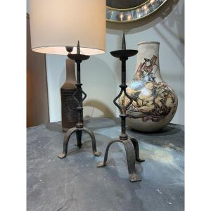 Pair Of Iron Candlesticks Late 18th Century