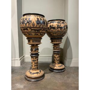 Pair Of Terracotta Vases With Greek Decor 