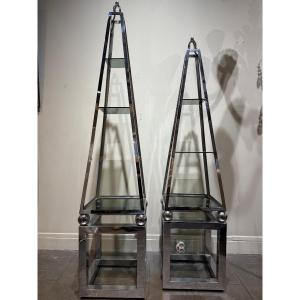 Pair Of Chrome Metal Shelves, Italy, 1970