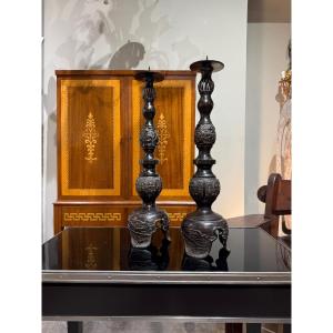Pair Of Bronze Candlesticks, Japan, Circa 1940