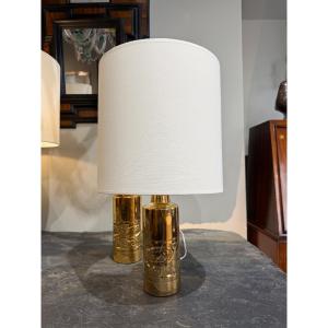 Pair Of Gold Ceramic Lamps, Sweden, 1970