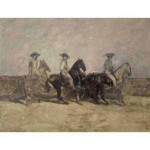 La Boulaye, Three Andalusian Horsemen, Oil On Paper