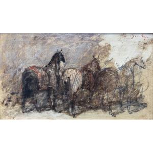 La Boulaye, Three Horses In The Stables, Oil On Panel