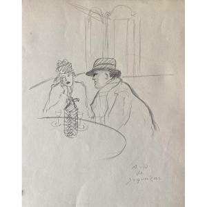 Dunoyer De Segonzac, At The Restaurant, Graphite Drawing