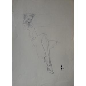 Gruau, Seated Woman, Pencil On Paper